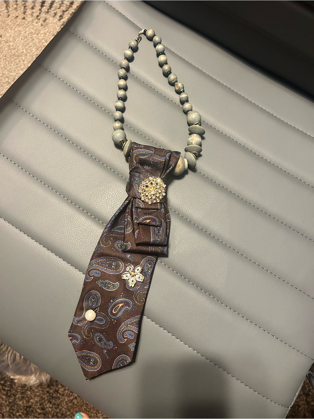 Brown Paisley Necktie Necklace with Wooden Beaded Chain